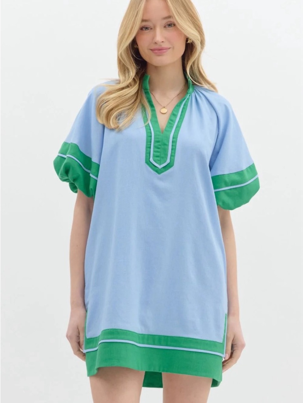 SAIL TO STABLE!! Blue and Green V-Neck Puff Sleeve Women's dress ! M